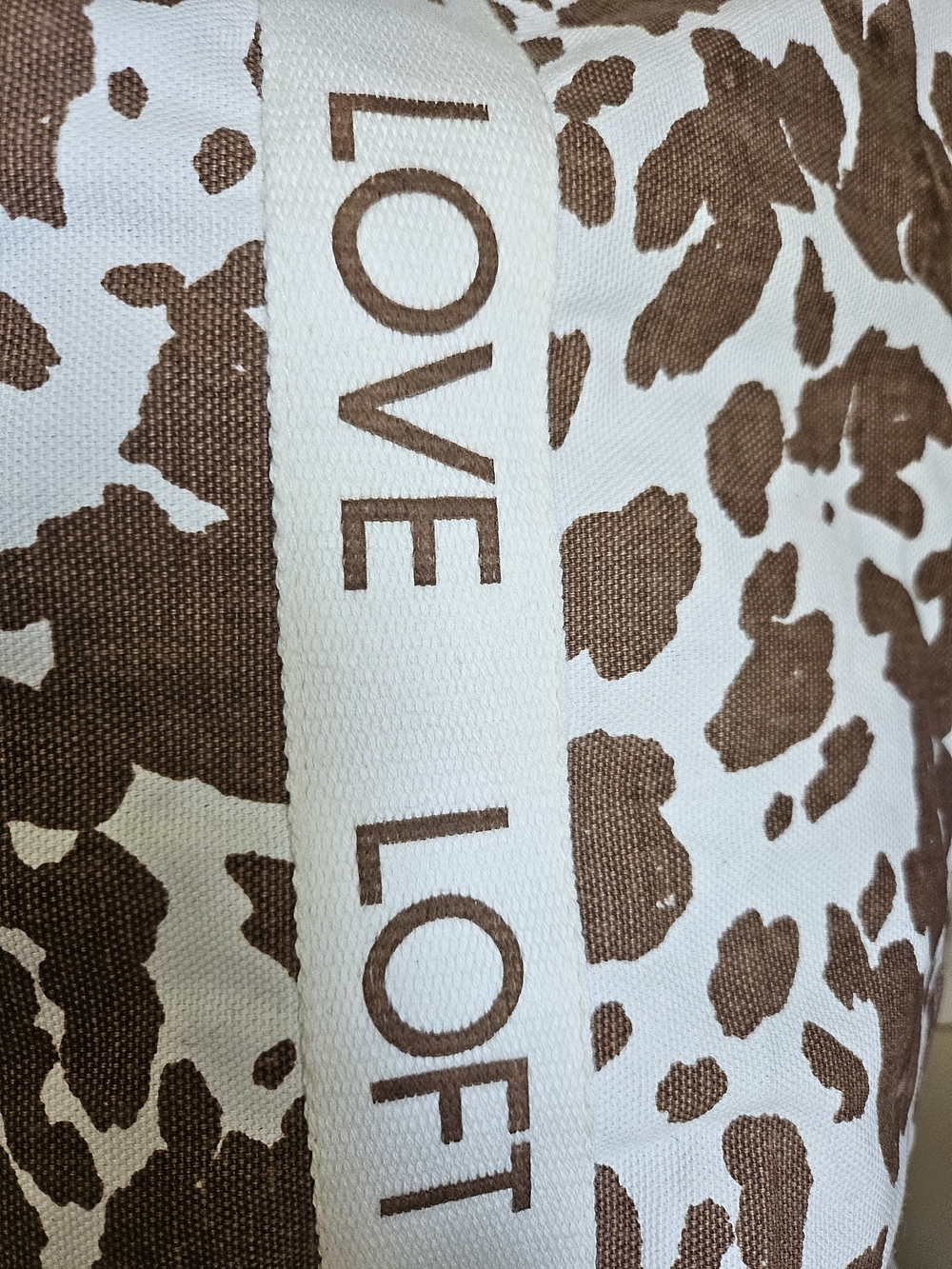 LOFT Brown and Cream Cowprint Canvas Tote with LOVE LOFT Straps - Picture 8 of 9